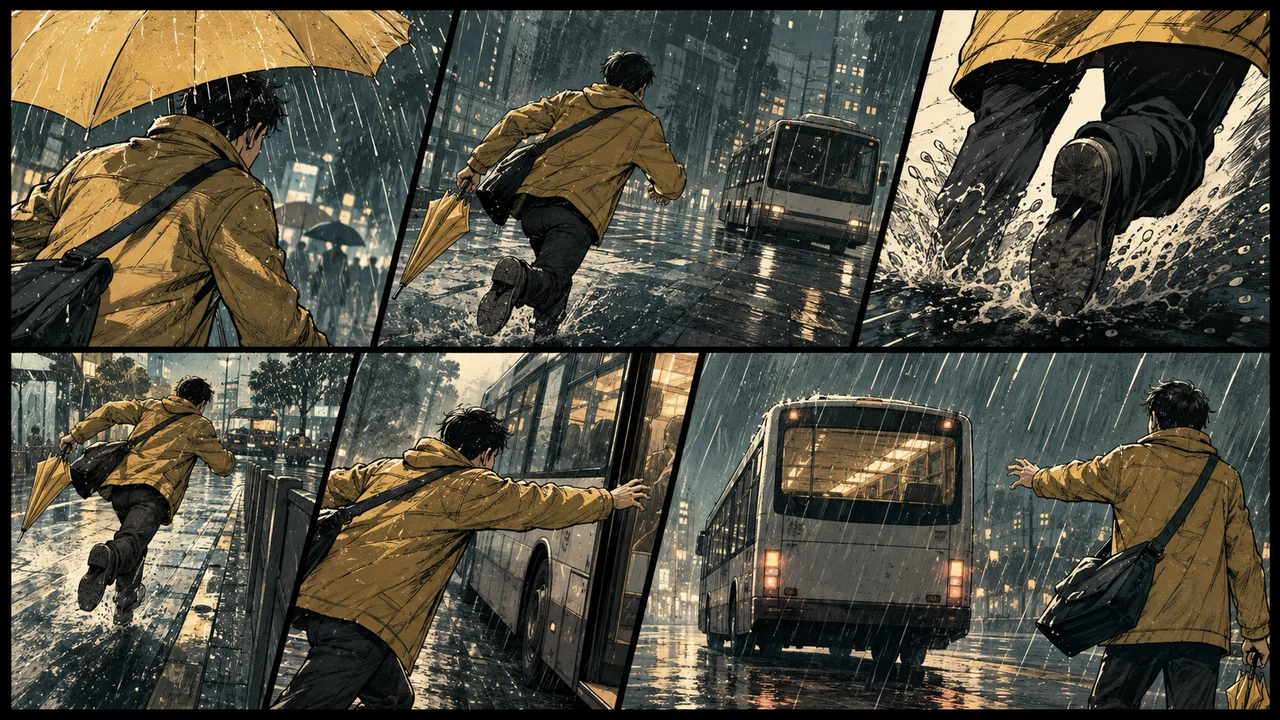 香蕉漫画篇幅选择说明中的雨天紧凑动作画面